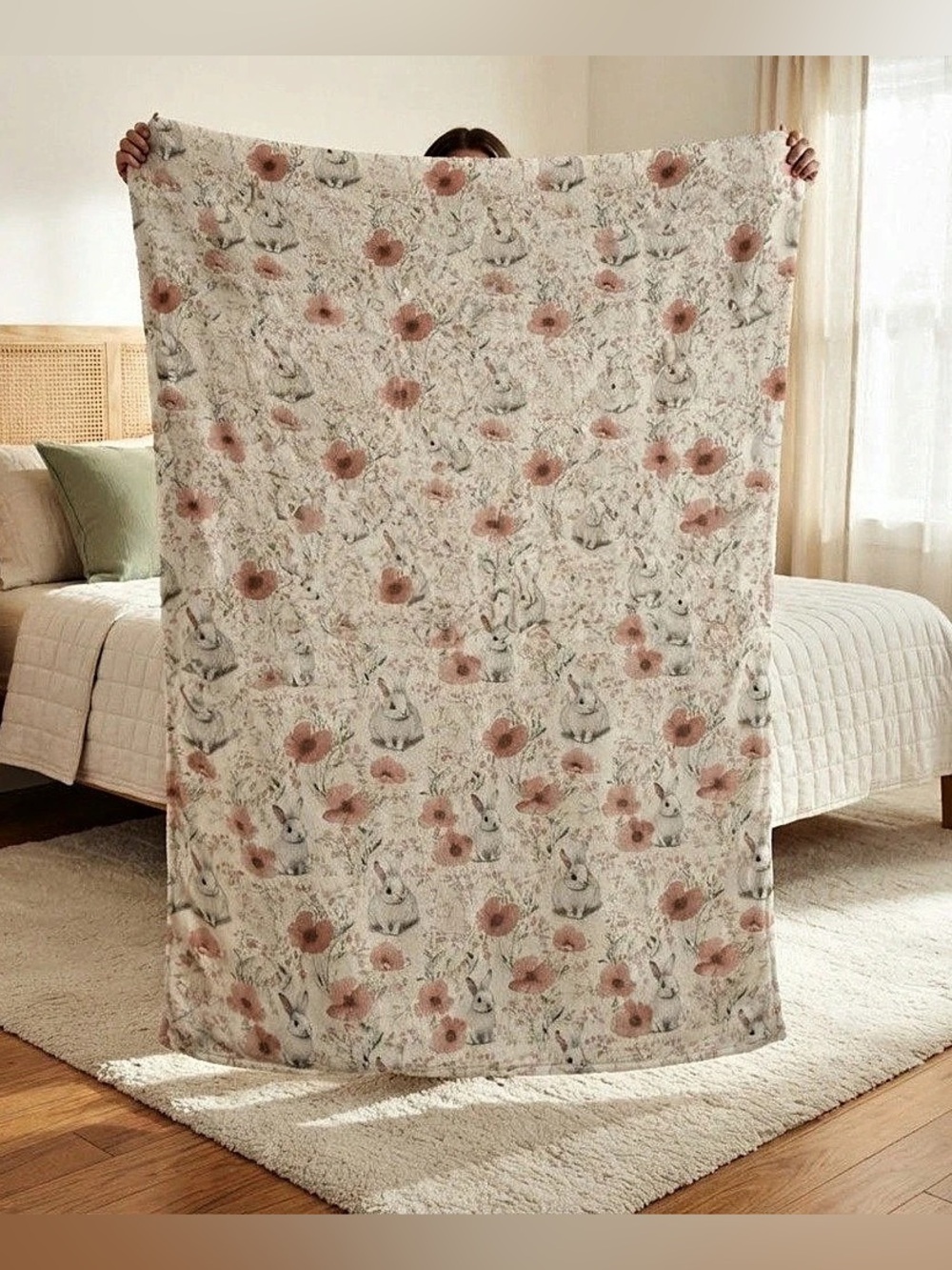 Bunny Rabbit Floral Poppy Flower Sherpa Velveteen Blanket